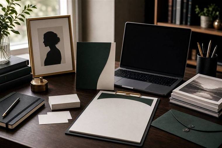 Professional author branding workspace with media kit materials and books