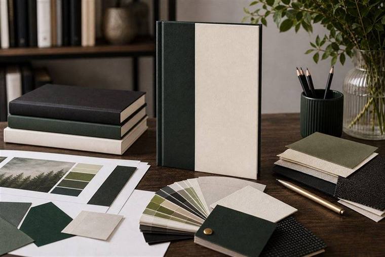 Professional book cover design workspace with blank book mockups and color swatches