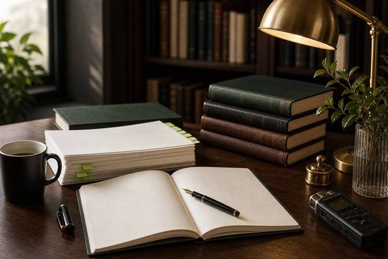 Professional manuscript development workspace with notebook, pen, recorder, and books