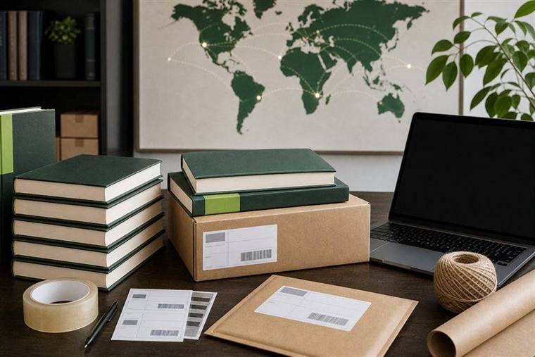 Professional book distribution workspace with stacked books and shipping materials