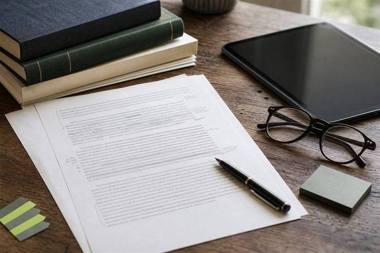 Professional editorial workspace with manuscript pages and review tools