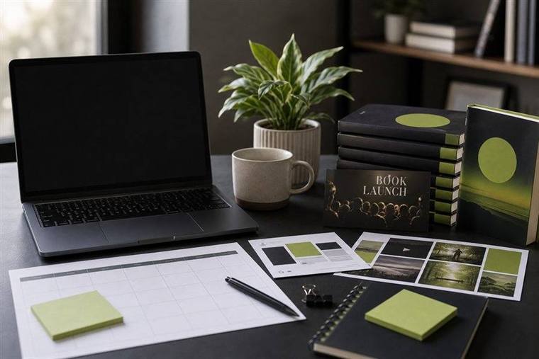 Professional book launch planning workspace with laptop and books