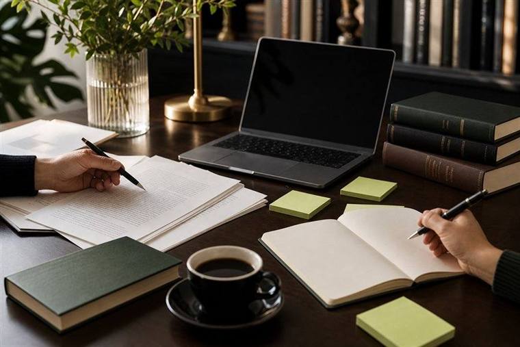 Professional publishing strategy workspace with manuscript planning materials